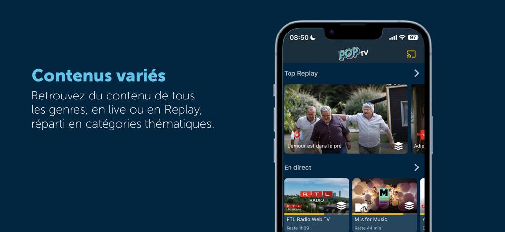 POP TV Go - POP TV Go app interface showing live and replay content categories