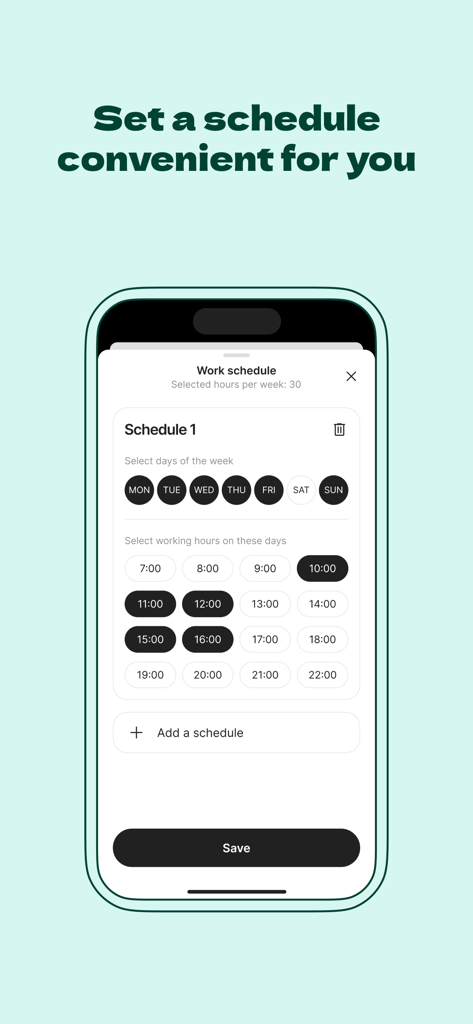 Mobile screen showing the Mindly Therapist app work schedule setup where professionals can select working days and hourly time slots.