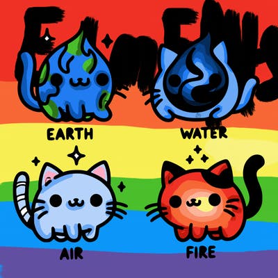 4 cats that represent the different elements, earth, water, air, and fire