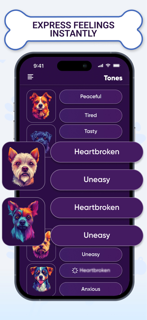 Pawfy dog translator app interface showing emotion categories and dog avatars