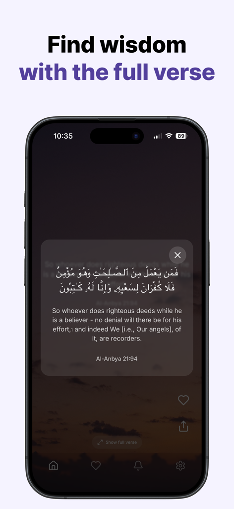 Qurana: Verse of the Day - La interfaz de la aplicación Qurana mostrando un versículo coránico detallado en árabe y traducción al inglés en una ventana emergente.