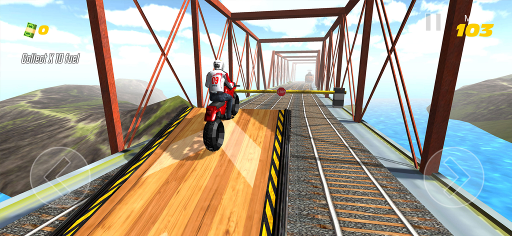 Subway Rider - Train Surfer 3D - Un motard réalise une cascade sur une rampe en bois au-dessus de voies ferrées sur un pont