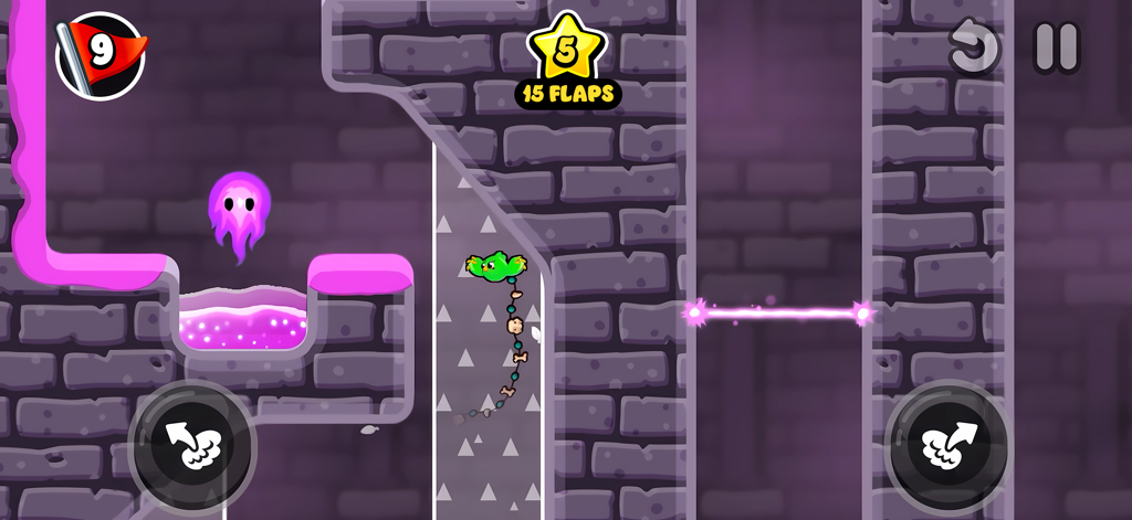 A green birdie character navigating a dungeon-themed course with obstacles in Super Flappy Golf.