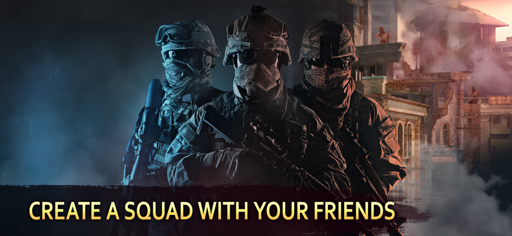 Sniper Arena: Killzone Shooter - 친구들과 분대를 만들라는 문구가 있는 장비를 착용한 세 명의 전술 병사