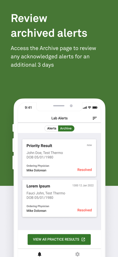 Screenshot of the Quest Lab Alert for Physicians app showing the archive page with resolved patient lab alerts