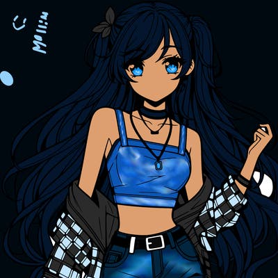 hot anime girl with long hair wearing a crop top and jorts