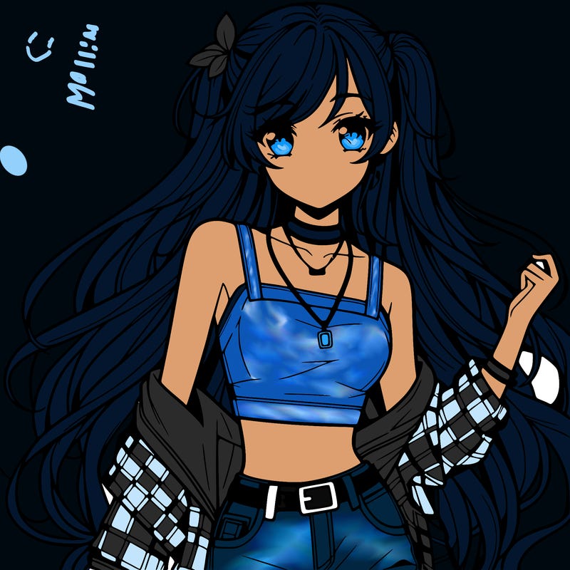 hot anime girl with long hair wearing a crop top and jorts