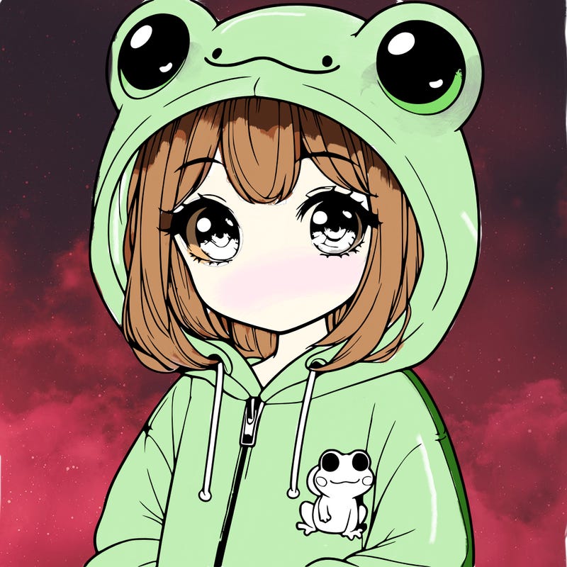 cute realistic girl in a froggy hoodie