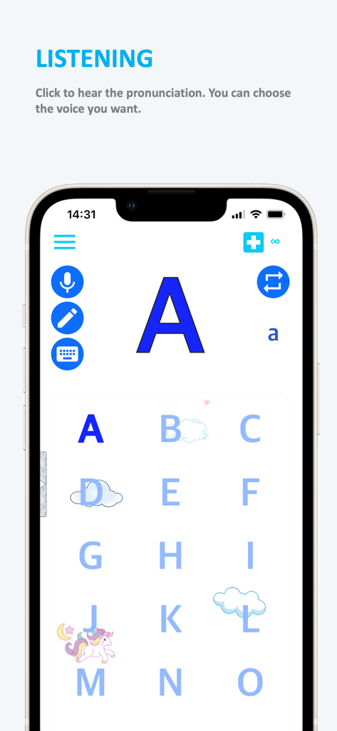 Interface do aplicativo Emme Português mostrando uma grade de alfabeto para prática de audição e pronúncia