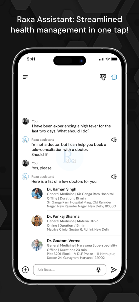 Raxa Assistant Chat-Oberfläche, die Arztvorschläge für eine medizinische Beratung anzeigt.