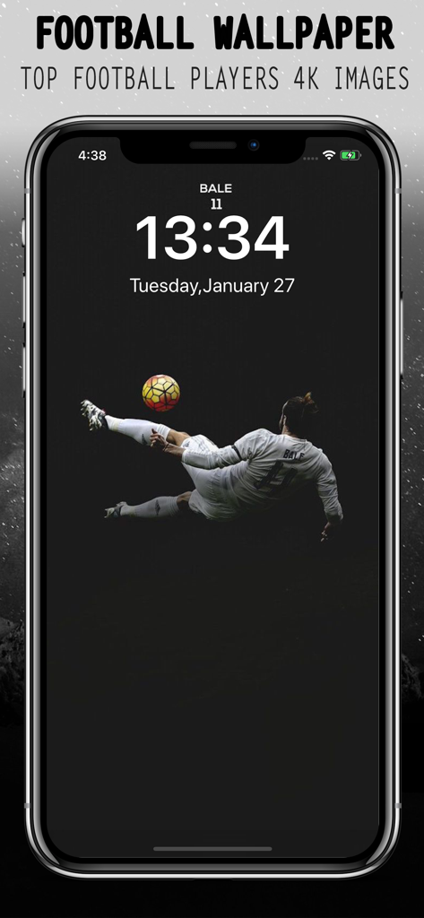 iPhone-Bildschirm zeigt ein 4K-Fußball-Wallpaper eines Spielers bei einem Fallrückzieher