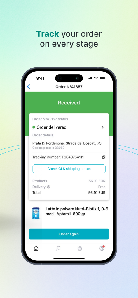 Liki24 — health and beauty - Liki24 mobile app screen showing a completed order delivery status with tracking details and an option to order again.