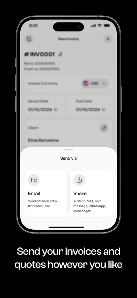 Invoice Maker: InvoEase - モバイル画面。電子メールで請求書や見積書を送信したり、他のアプリで共有したりするオプションを表示。