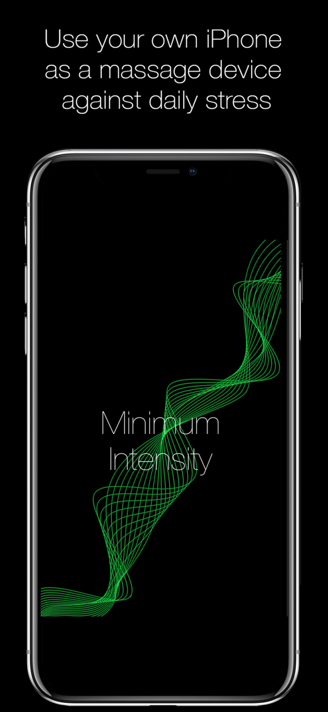 iPhone screen showing the 3D Massage app with green wave visualizations and minimum intensity vibration text