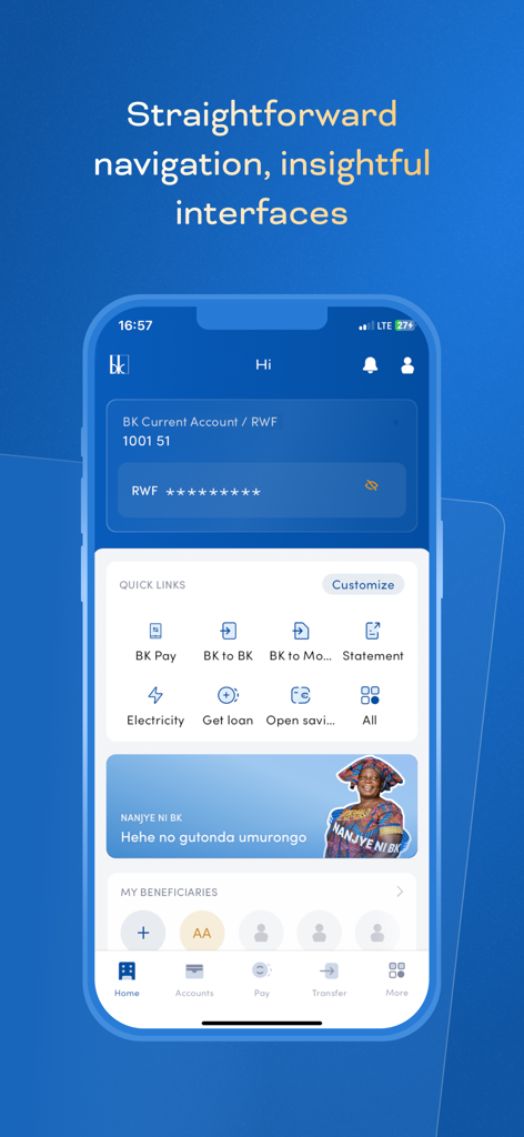 Bank of Kigali Mobile Banking - Bank of Kigali Mobile Banking app dashboard showing navigation and account insights
