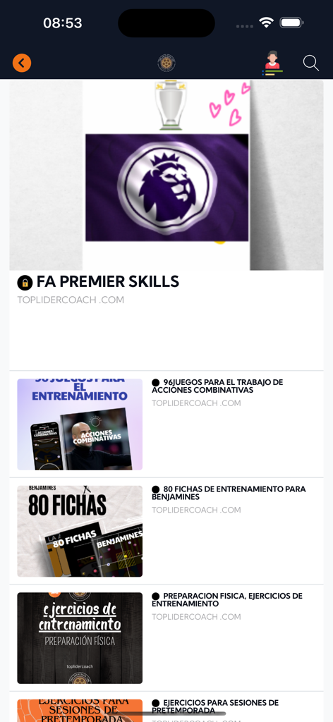 Toplidercoach app interface displaying categories for soccer training drills and coaching resources