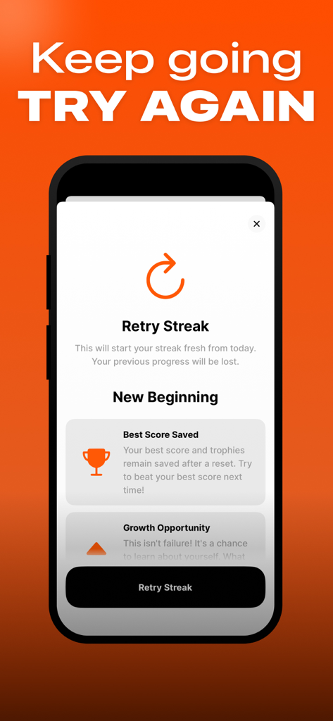 StreakUp mobile app interface for restarting a habit streak with motivational growth mindset messages