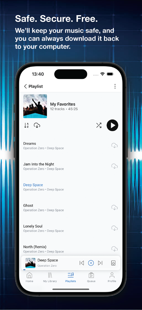 The iBroadcast mobile app interface showing a personal music playlist with options to stream and download tracks