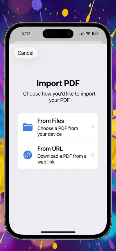 Color Kingdom - A mobile phone screen showing options to import a PDF from files or a URL into the Color Kingdom app