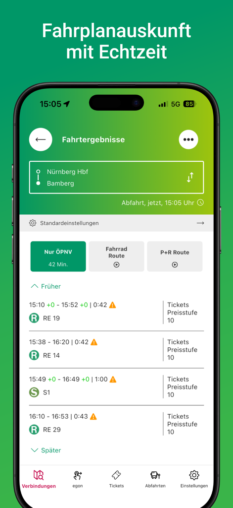 Interface de l'application mobile VGN affichant les résultats de recherche de transports publics de Nuremberg à Bamberg avec les informations de départ en temps réel