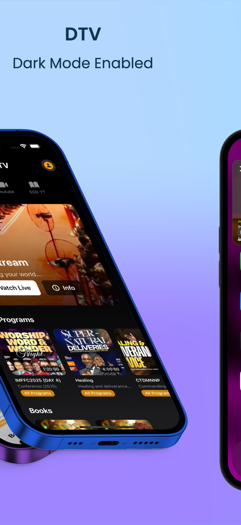 Dunamis TV app interface showing Christian programs and books in dark mode on a smartphone screen