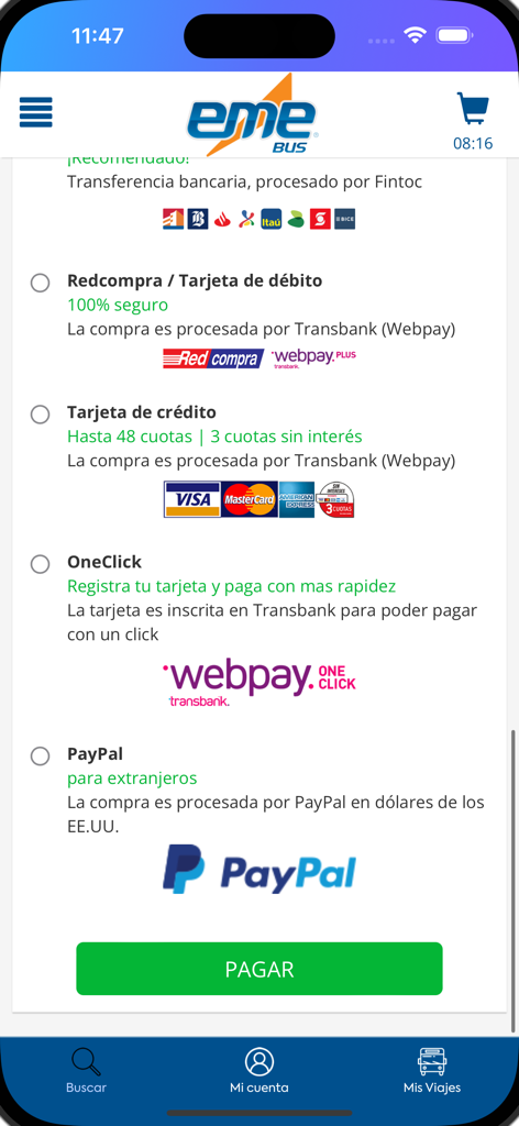 EME Bus - Pantalla de pago de la aplicación EME Bus que muestra varios métodos de pago seguros, incluidas tarjetas de crédito y PayPal
