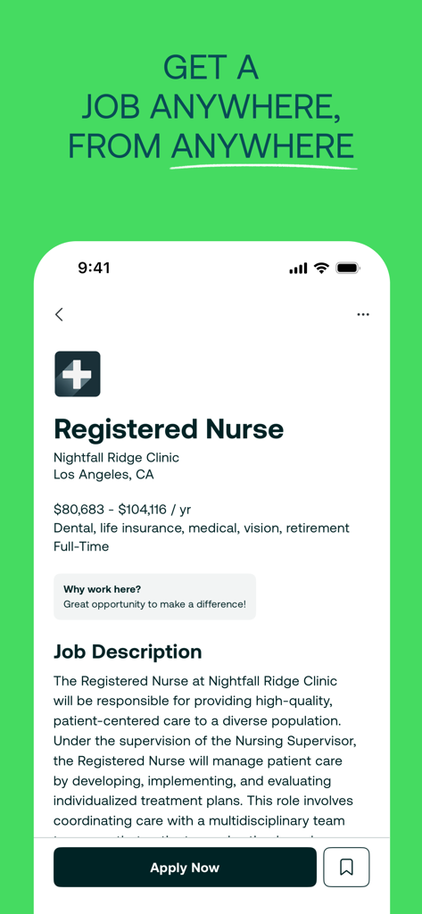 ZipRecruiter mobile app displaying a job listing for a Registered Nurse with an Apply Now button.