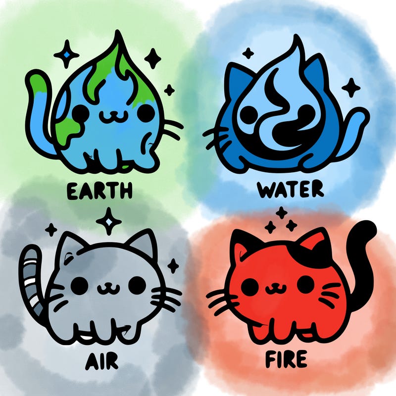 4 cats that represent the different elements, earth, water, air, and fire