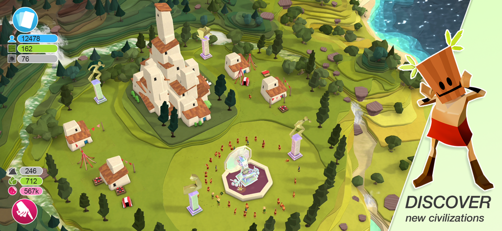 Godus - Vue aérienne d'une civilisation en expansion dans Godus, avec des bâtiments et des adeptes en low-poly sur un paysage verdoyant.