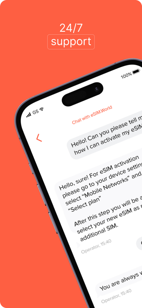 Schermata di uno smartphone che mostra l'interfaccia di chat di supporto clienti 24/7 dell'app eSIM World.