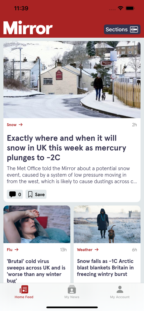 L'écran d'accueil de l'application d'actualités The Mirror affiche des titres sur la météo et la santé au Royaume-Uni.