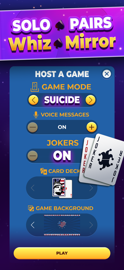Menu de criar jogo no VIP Spades mostrando modos de jogo como Suicide e opções de baralho personalizadas
