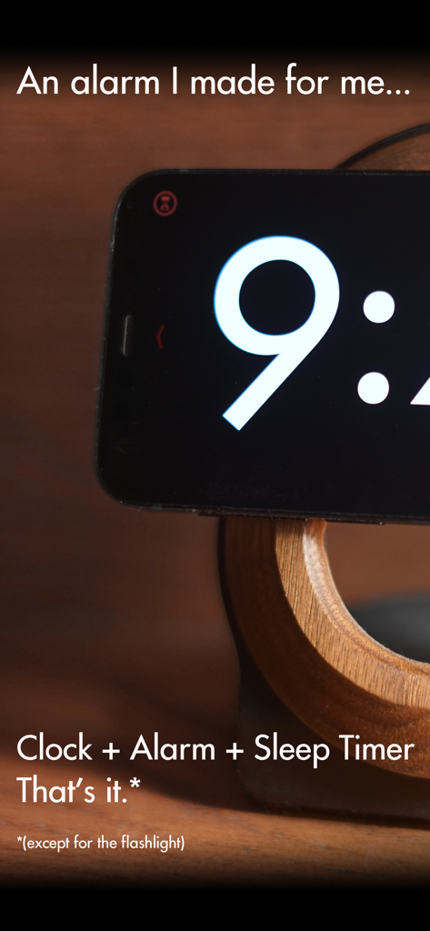 Alarum - Alarum app showing a minimalist bedside clock interface on an iPhone in landscape mode