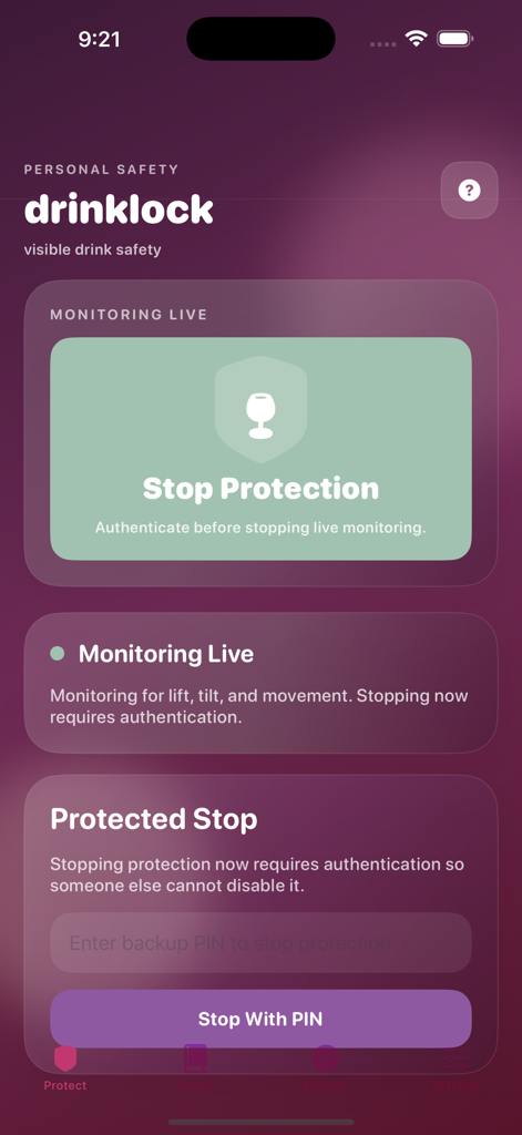 DrinkLock - The DrinkLock app interface showing live monitoring for drink safety and a PIN protected stop feature