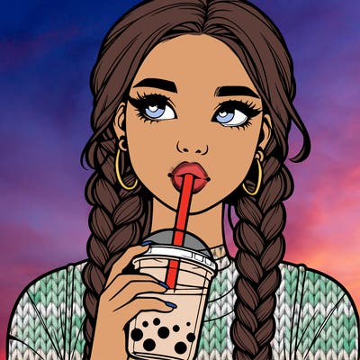 realistic girl with braided hair drinking boba