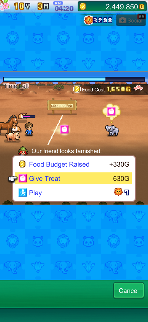 動物との遭遇中にコアラにおやつを与えるメニューを表示する「Zoo Park Story」のドット絵ゲームプレイ