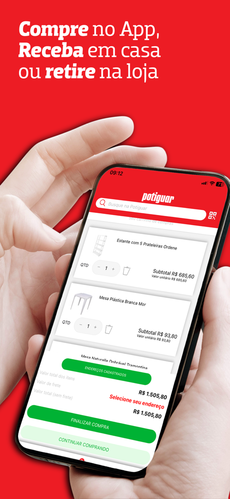 스마트폰에 표시되는 Potiguar Home Center 앱 장바구니 화면