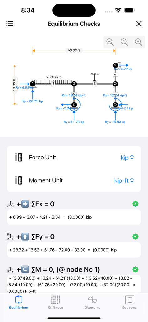 A-Frame - A-Frame app interface showing structural equilibrium checks with force and moment diagrams