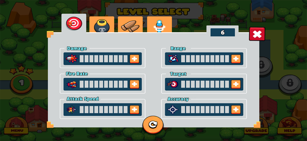 Zombie Tower Defense Game - Game upgrade menu showing statistics for damage range and fire rate in Zombie Tower Defense