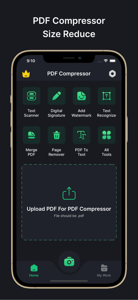 PDF Compressor: Size Reduce - PDF Compressor app home screen showing document utility tools like merge and sign