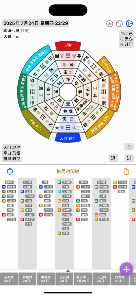 A professional Qi Men Dun Jia metaphysical chart and pattern timeline interface from the Dunjia Divine Plate app.
