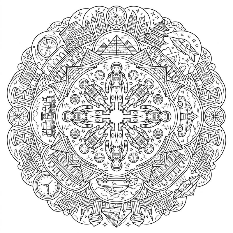 Discover an extraordinary coloring experience with this unique Future Tourists Mandala. Journey through time and space as you bring to life astronauts exploring iconic landmarks in a beautifully intricate design.
