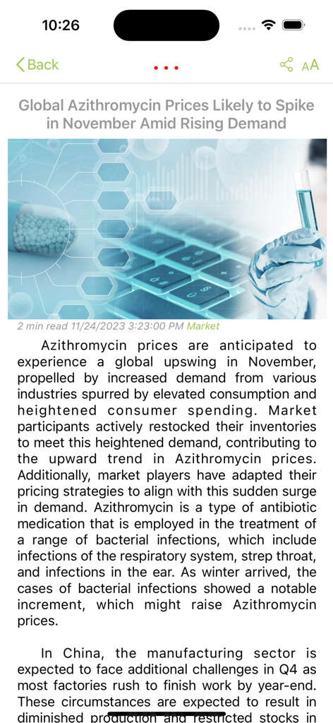 ChemAnalystモバイルアプリのニュース記事、グローバルなアジスロマイシン価格の上昇を報告