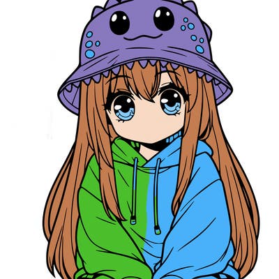 girl with anime shaped eyes with a dinosaur bucket hat oversized sweatshirt long straight hair