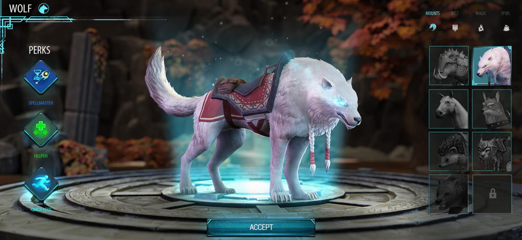 Frostborn: Coop Survival - Montura de lobo blanco con ojos azules brillantes en el menú de selección de monturas de Frostborn