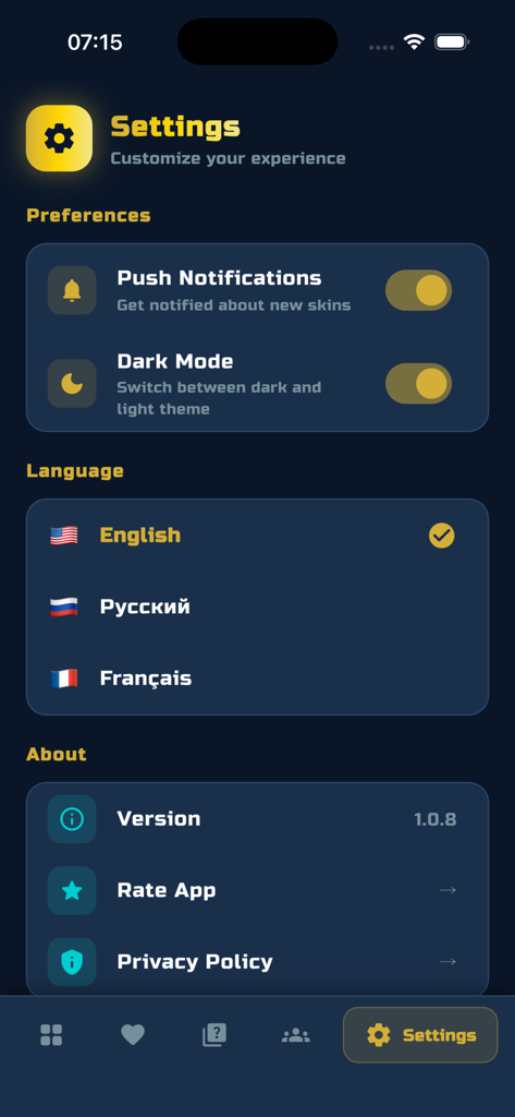 Gooddrop - 다크 모드 및 알림 옵션이 있는 Gooddrop 앱의 설정 인터페이스
