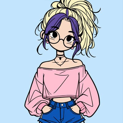 girl with a messy ponytail glasses a baggy crop top and jean shorts