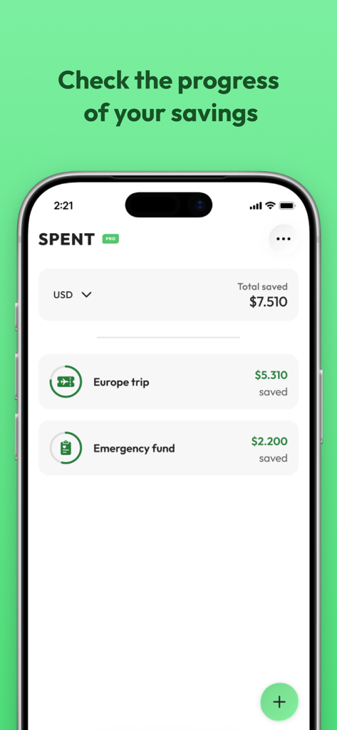 Spent - Track your expenses - Spent app interface showing savings goals progress for a Europe trip and emergency fund.