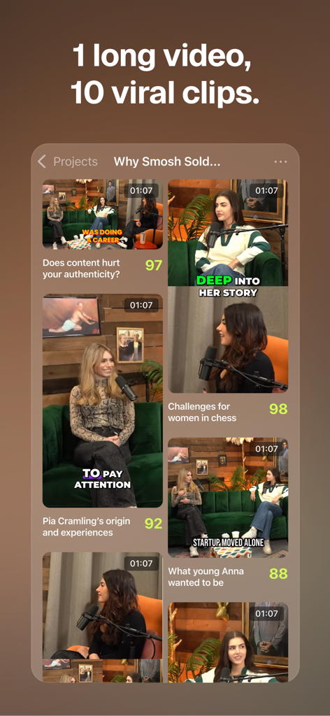 OpusClip - AI video clipping - OpusClip app interface showing a list of AI generated viral video clips with virality scores
