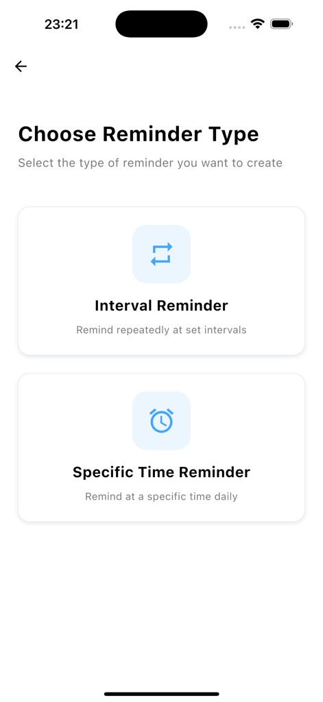 Waterry - Water Reminder - Pantalla que muestra opciones para intervalos o recordatorios de agua a una hora específica en la aplicación Waterry.